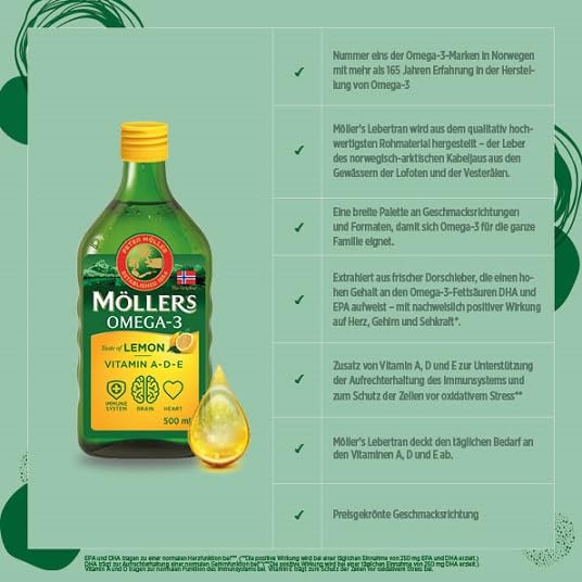Möller's Omega 3 Lebertran Öl | Nordic Omega 3 Nahrungsergänzung mit EPA, DHA, Vitamin A, D, E | Superior Taste Award | Hochreiner natürlicher | 165 Jahre alte Marke | Zitrone | 500 ML