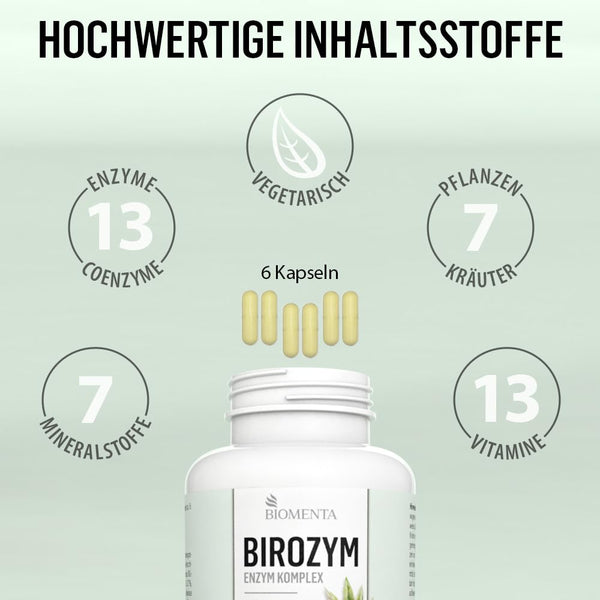 BIOMENTA - BIROZYM Enzym Komplex - 180 Multi Enzymes Kapseln hochdosiert (2,65g/Tag) -13 (Co) Enzyme + 7 Kräuter & Pflanzen + Mineralstoffe + Vitamine - vegetarisch - magensaftresistente Capsules