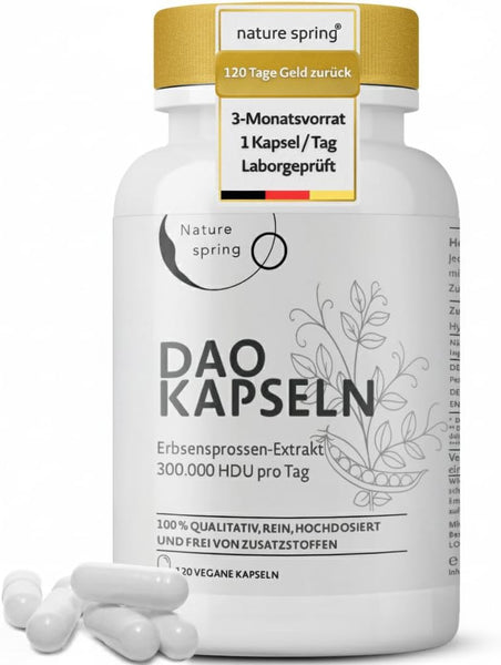 DAO Kapseln hochdosiert – 300.000 HDU Diaminoxidase pro Tagesdosis – veganes Enzym aus Erbsensprossen gegen Histamin – 120 laborgeprüfte Kapseln - Bodyshop-fit