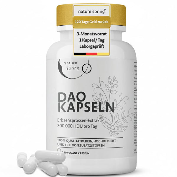 DAO Kapseln hochdosiert – 300.000 HDU Diaminoxidase pro Tagesdosis – veganes Enzym aus Erbsensprossen gegen Histamin – 120 laborgeprüfte Kapseln - Bodyshop-fit