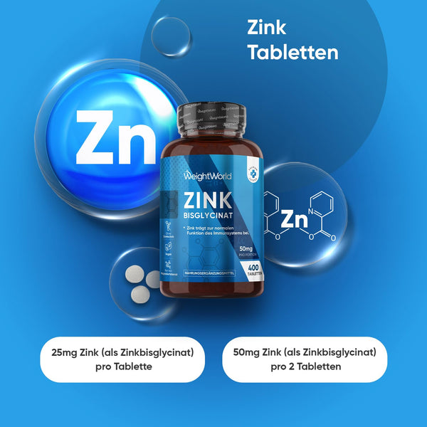 Zink Tabletten vegan - 400 vegane Tabletten für über 1 Jahr Vorrat - Unterstützt normalen Testosteronspiegel (EFSA) - Zink Bisglycinat von WeightWorld - Bodyshop-fit