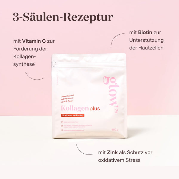 Glow25® Collagen Plus Pulver [450g] - Kollagen Hydrolysat mit Vitamin C, Zink und Biotin - Peptide Typ 1 und 3 - Gute Löslichkeit - Neutral