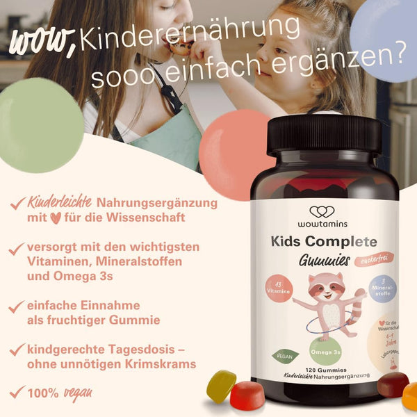 wowtamins Kids Complete zuckerfrei - Vegane Multivitamin Gummies mit Omega 3 für Kinder - zuckerfreie Kinder-Vitamine für ein starkes Immunsystem mit Vitamin C, D3, B12, Zink & mehr - 30-Tage-Vorrat - Bodyshop-fit