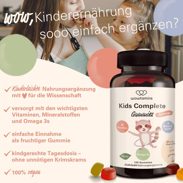 wowtamins Kids Complete zuckerfrei - Vegane Multivitamin Gummies mit Omega 3 für Kinder - zuckerfreie Kinder-Vitamine für ein starkes Immunsystem mit Vitamin C, D3, B12, Zink & mehr - 30-Tage-Vorrat - Bodyshop-fit