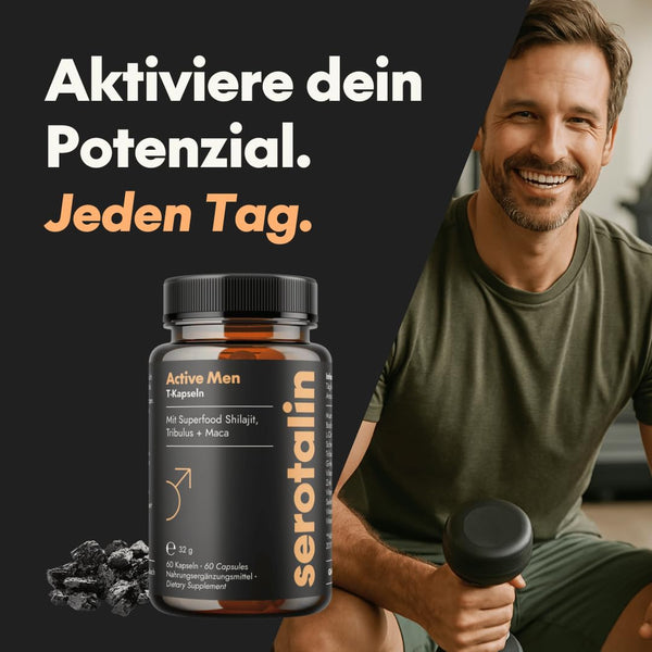 serotalin Active Men Maca T-Kapseln für Männer | Bockshornklee mit Shilajit, schwarzem Maca & Tribulus | Vegan & Made in Germany | 60 Kapseln