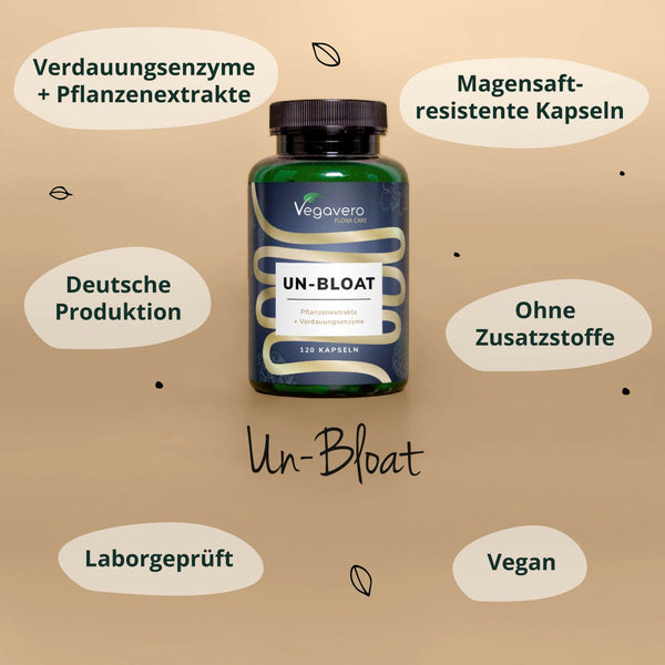 Vegavero Un-Bloat Kapseln vegan - Verdauungsenzyme Komplex mit Pflanzenextrakten – 120 Bromelain Kapseln mit Lactase & Papain Enzym – Magensaftresistent für Bauch & Verdauung