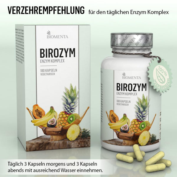 BIOMENTA - BIROZYM Enzym Komplex - 180 Multi Enzymes Kapseln hochdosiert (2,65g/Tag) -13 (Co) Enzyme + 7 Kräuter & Pflanzen + Mineralstoffe + Vitamine - vegetarisch - magensaftresistente Capsules