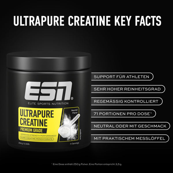 ESN Ultrapure Creatine Monohydrate, 250 g, 71 Portionen, Creatin Pulver, mikrofein & optimal löslich, vegan - made in Germany (Design kann variieren)