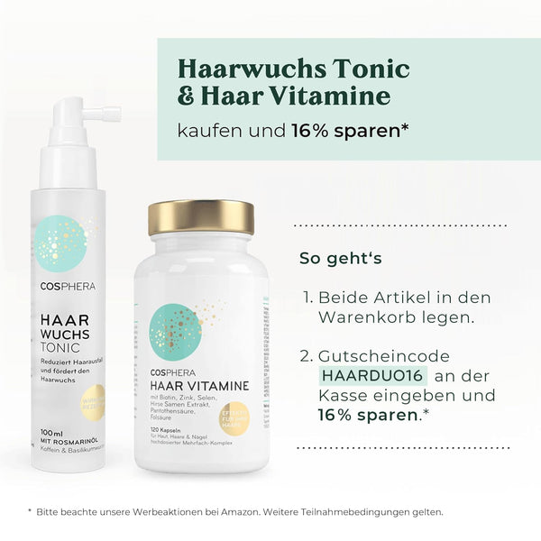 Cosphera Haar-Vitamine - Hochdosiert mit Biotin, Selen und Zink als Beitrag zum Erhalt normaler Haare. Plus Folsäure & Hirse Samen Extrakt (reich an Silizium) - 120 vegane Kapseln im 2 Monatsvorrat.