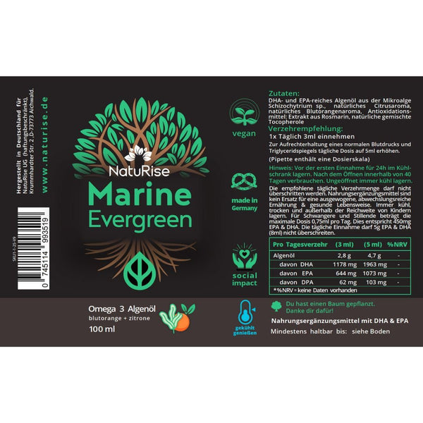 NatuRise® Omega 3 Vegan - Algenöl - 1884mg DHA, EPA & DPA - Hochdosiert - 100 ml - Laborgeprüft – Triglycerid-Form - Pipette mit Dosierskala - UV-Glas