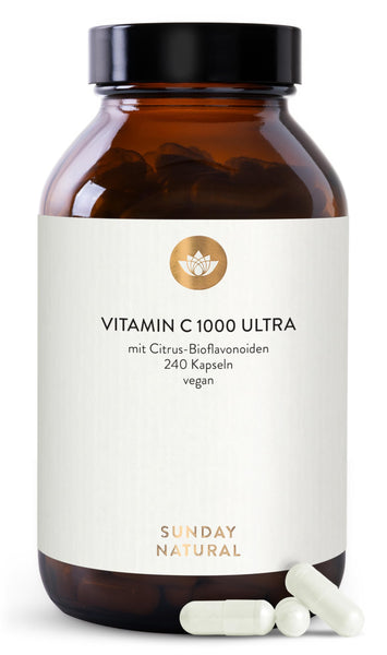 SUNDAY NATURAL® Vitamin C hochdosiert – 1000 mg Vitamin C – exklusiver PureWay® Komplex aus den USA – schnelle Absorption, mit Bioflavonoiden – laborgeprüft, ohne unnötige Zusätze – 240 Kapseln