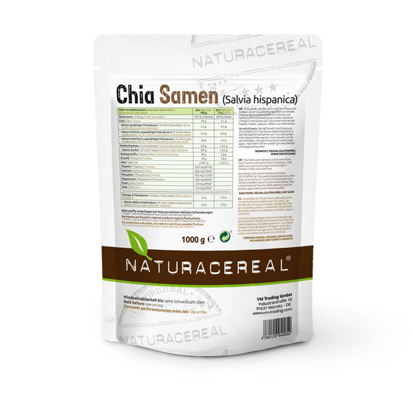 Naturacereal Chia Samen 1kg – Reich an Omega-3, Ballaststoffen & Quelle pflanzlichen Proteins, Antioxidatives Kraftpaket, Ideal für Smoothies, Puddings & mehr – Ethisch geerntet