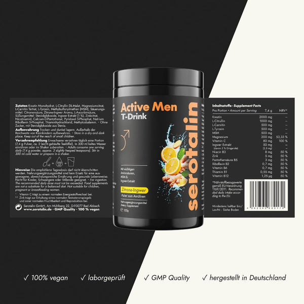 Serotalin Active Men Testo Bundle - 60 Kapseln mit Maca & Shilajit + T-Drink mit Kreatin & L-Citrullin für Sport und Alltag - Bodyshop-fit