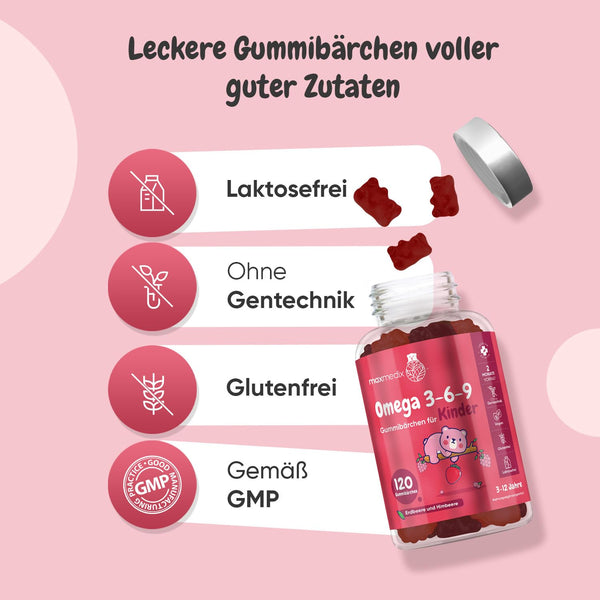 Omega 3 6 9 Gummibärchen Kinder - 120 Vegane Gummies mit Erdbeeren & Himbeeren Geschmack - 400mg Perillaöl für Omega 3, 6 & 9 - Glutenfrei & Laktosefrei - maxmedix - Bodyshop-fit