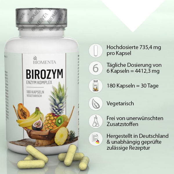 BIOMENTA - BIROZYM Enzym Komplex - 180 Multi Enzymes Kapseln hochdosiert (2,65g/Tag) -13 (Co) Enzyme + 7 Kräuter & Pflanzen + Mineralstoffe + Vitamine - vegetarisch - magensaftresistente Capsules