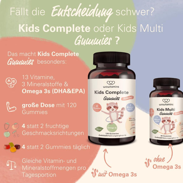 wowtamins Kids Complete zuckerfrei - Vegane Multivitamin Gummies mit Omega 3 für Kinder - zuckerfreie Kinder-Vitamine für ein starkes Immunsystem mit Vitamin C, D3, B12, Zink & mehr - 30-Tage-Vorrat - Bodyshop-fit