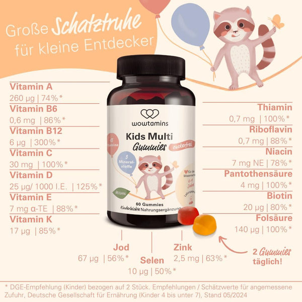 wowtamins Kids Complete zuckerfrei - Vegane Multivitamin Gummies mit Omega 3 für Kinder - zuckerfreie Kinder-Vitamine für ein starkes Immunsystem mit Vitamin C, D3, B12, Zink & mehr - 30-Tage-Vorrat - Bodyshop-fit