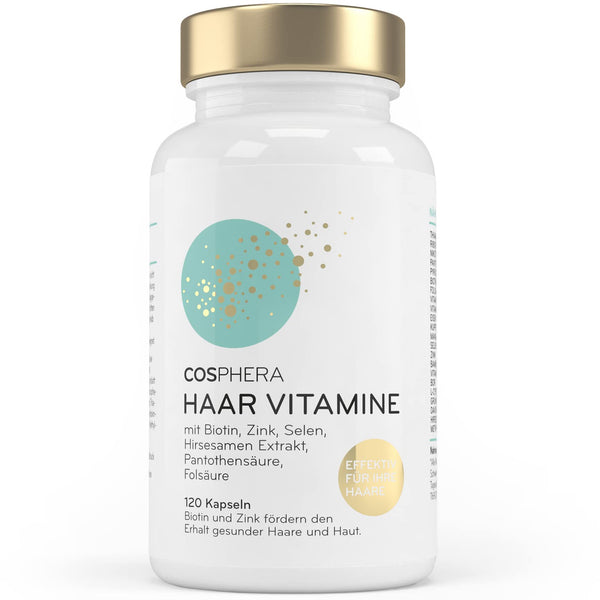 Cosphera Haar-Vitamine - Hochdosiert mit Biotin, Selen und Zink als Beitrag zum Erhalt normaler Haare. Plus Folsäure & Hirse Samen Extrakt (reich an Silizium) - 120 vegane Kapseln im 2 Monatsvorrat.