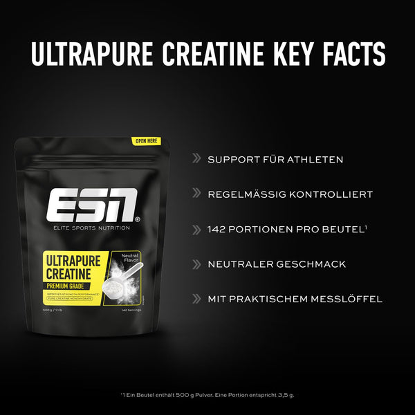 ESN Ultrapure Creatine Monohydrate, 500 g, 142 Portionen, mikrofein und perfekt löslich - made in Germany (Verpackung kann variieren)