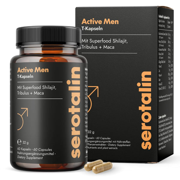serotalin Active Men Maca T-Kapseln für Männer | Bockshornklee mit Shilajit, schwarzem Maca & Tribulus | Vegan & Made in Germany | 60 Kapseln