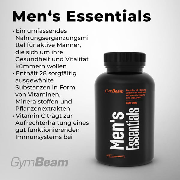GymBeam Men‘s Essentials Vitamin und Mineralienkomplex - Nahrungsergänzungsmittel, komplexes Multivitamin speziell für Männer entwickelt, Tabletten mit 27 Inhaltsstoffen (120 Tab)