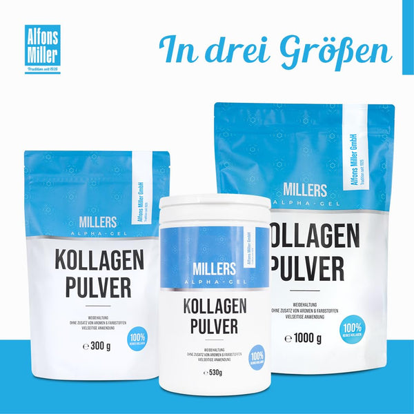 100% reines Kollagen Pulver 1000 g – Kollagen Peptide – Collagen Protein – Millers Alpha-Gel – Ohne Zusatzstoffe – Geschmacksneutral – Collagen Pulver – Alfons Miller – Deutsches Familienunternehmen