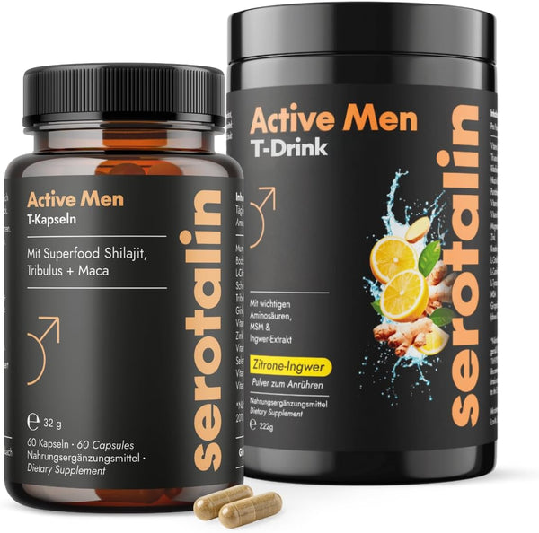 Serotalin Active Men Testo Bundle - 60 Kapseln mit Maca & Shilajit + T-Drink mit Kreatin & L-Citrullin für Sport und Alltag - Bodyshop-fit
