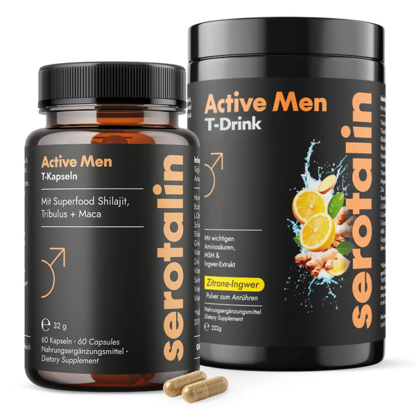Serotalin Active Men Testo Bundle - 60 Kapseln mit Maca & Shilajit + T-Drink mit Kreatin & L-Citrullin für Sport und Alltag - Bodyshop-fit