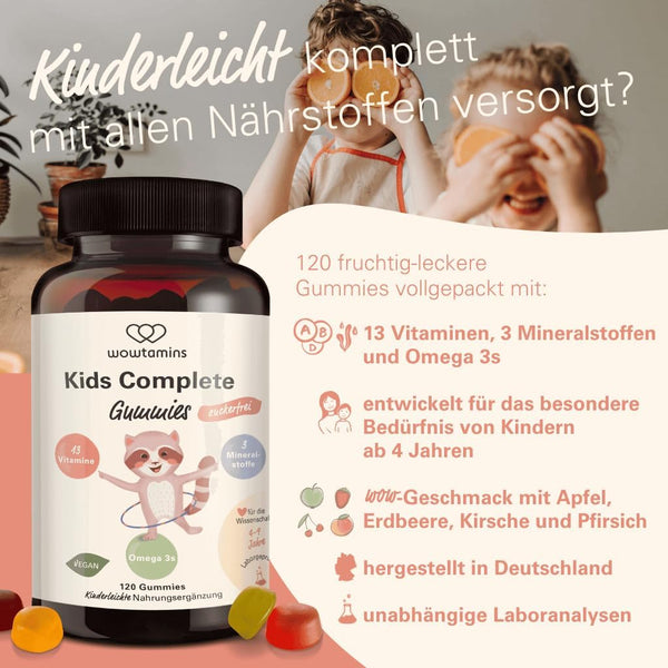 wowtamins Kids Complete zuckerfrei - Vegane Multivitamin Gummies mit Omega 3 für Kinder - zuckerfreie Kinder-Vitamine für ein starkes Immunsystem mit Vitamin C, D3, B12, Zink & mehr - 30-Tage-Vorrat - Bodyshop-fit