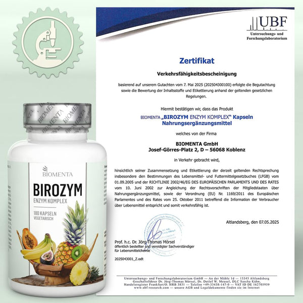 BIOMENTA - BIROZYM Enzym Komplex - 180 Multi Enzymes Kapseln hochdosiert (2,65g/Tag) -13 (Co) Enzyme + 7 Kräuter & Pflanzen + Mineralstoffe + Vitamine - vegetarisch - magensaftresistente Capsules