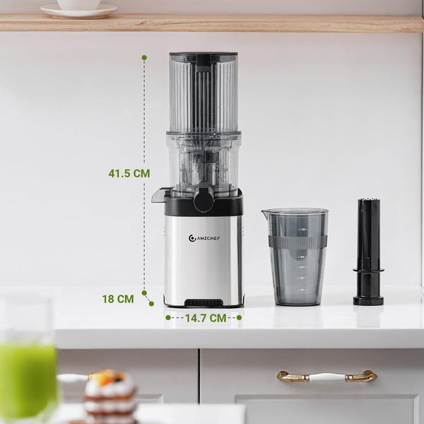 AMZCHEF Slow Juicer - Entsafter mit 120MM Breite und großer Fütterungsröhre für ganze Obst und Gemüse - Leicht zu reinigender Entsafter mit 2 Gläsern - Silbrig - Bodyshop-fit