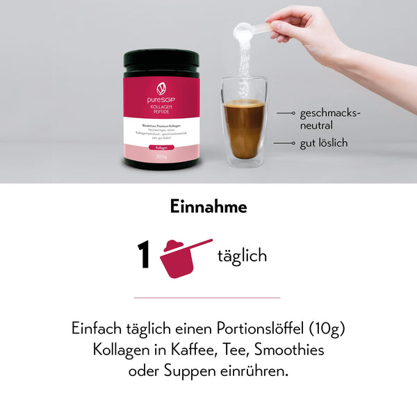 pureSGP® Kollagen [300g]: Reinstes Kollagen in Apothekenqualität - Bioaktive Premium-Peptide aus hochwertigem Kollagenhydrolysat. Mit Vitamin C & Biotin - Geschmacksneutral - Gute Löslichkeit