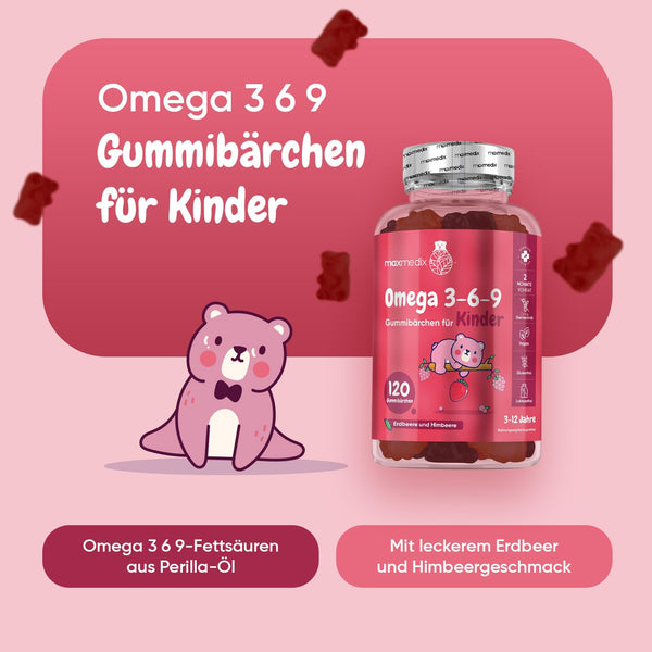 Omega 3 6 9 Gummibärchen Kinder - 120 Vegane Gummies mit Erdbeeren & Himbeeren Geschmack - 400mg Perillaöl für Omega 3, 6 & 9 - Glutenfrei & Laktosefrei - maxmedix - Bodyshop-fit