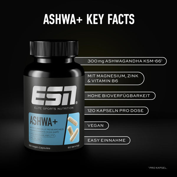ESN Ashwa +, Ashwagandha hochdosiert, patentiertes KSM 66®, 120 Kapseln, mit Magnesium, Vitamin B6 & Zink - made in Germany
