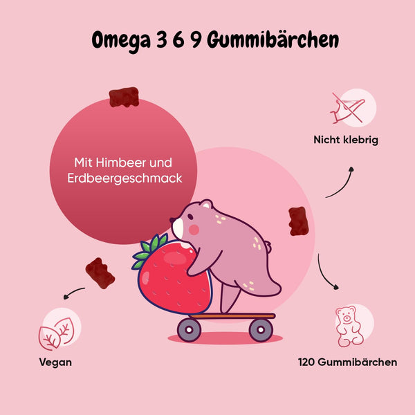 Omega 3 6 9 Gummibärchen Kinder - 120 Vegane Gummies mit Erdbeeren & Himbeeren Geschmack - 400mg Perillaöl für Omega 3, 6 & 9 - Glutenfrei & Laktosefrei - maxmedix - Bodyshop-fit