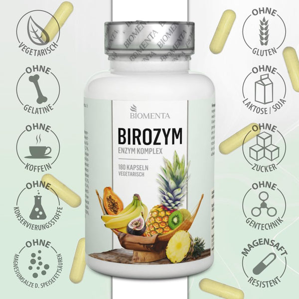 BIOMENTA - BIROZYM Enzym Komplex - 180 Multi Enzymes Kapseln hochdosiert (2,65g/Tag) -13 (Co) Enzyme + 7 Kräuter & Pflanzen + Mineralstoffe + Vitamine - vegetarisch - magensaftresistente Capsules