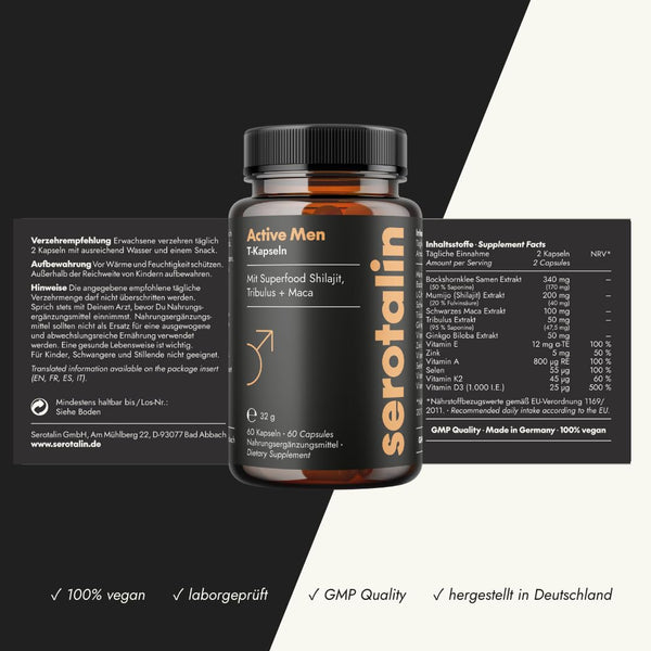 serotalin Active Men Maca T-Kapseln für Männer | Bockshornklee mit Shilajit, schwarzem Maca & Tribulus | Vegan & Made in Germany | 60 Kapseln