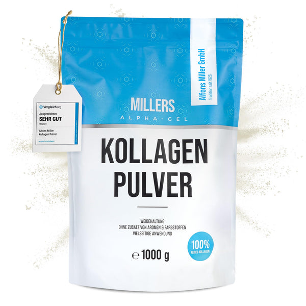 100% reines Kollagen Pulver 1000 g – Kollagen Peptide – Collagen Protein – Millers Alpha-Gel – Ohne Zusatzstoffe – Geschmacksneutral – Collagen Pulver – Alfons Miller – Deutsches Familienunternehmen