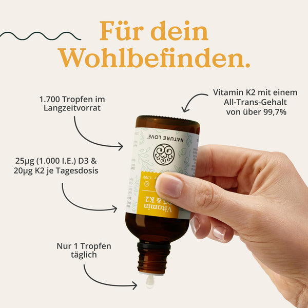 Vitamin D3 + K2 (50ml) - Hoch bioverfügbar durch Original K2VITAL® 99,7% all-trans - laborgeprüfte 1000 I.E. Vitamin D3 pro Tropfen (1700 Tropfen mit Vitamin D + Vitamin K) - in MCT-Öl - Hochdosiert