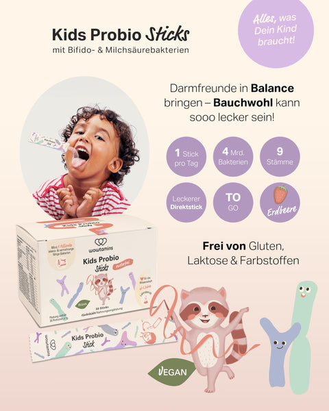 wowtamins Kids Probio Nahrungsergänzung – Leckere Direktsticks mit 9 ausgewählten Darmbakterien für eine gesunde Darmflora (30-Tage-Vorrat) für Kinder ab 4 Jahren - Bodyshop-fit