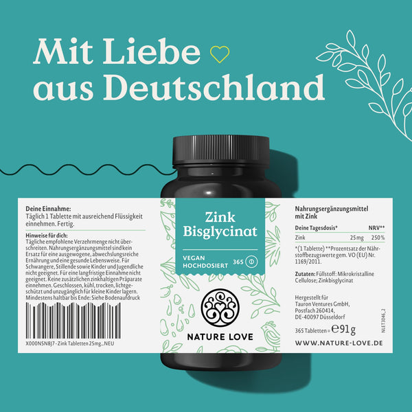 NATURE LOVE Zink 25mg hochdosiert - 365 vegane Tabletten für optimale Bioverfügbarkeit - Bodyshop-fit