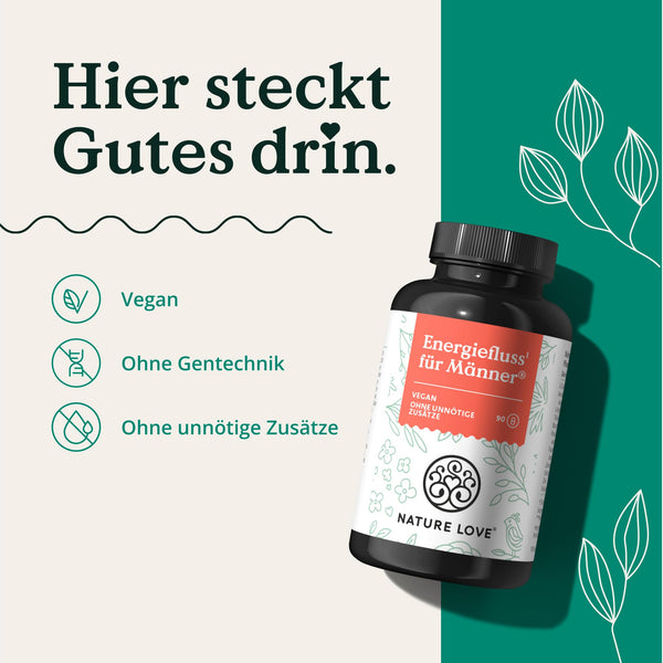 NATURE LOVE® Energiefluss für Männer - 90 Kapseln - Mit Tribulus Terrestris Extrakt, Maca Extrakt, L-Arginin, L-Citrullin, Zink, Folat, Vitamin C, Pflanzenstoffen - Hochdosiert, vegan und laborgeprüft