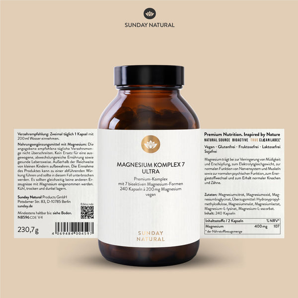 SUNDAY NATURAL® Magnesium Komplex hochdosiert – 240 Kapseln mit 400mg Magnesium pro Tag aus 7 Verbindungen - Vegan und laborgeprüft - Bodyshop-fit