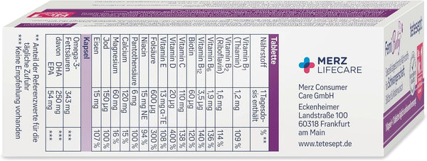 tetesept Femi Baby – 16 Nährstoffe für Kinderwunsch, Schwangerschaft & Stillzeit – mit Folsäure, Eisen, Jod + DHA – 1 x Monatspackung à 30 Tabletten + 30 Kapseln NEU