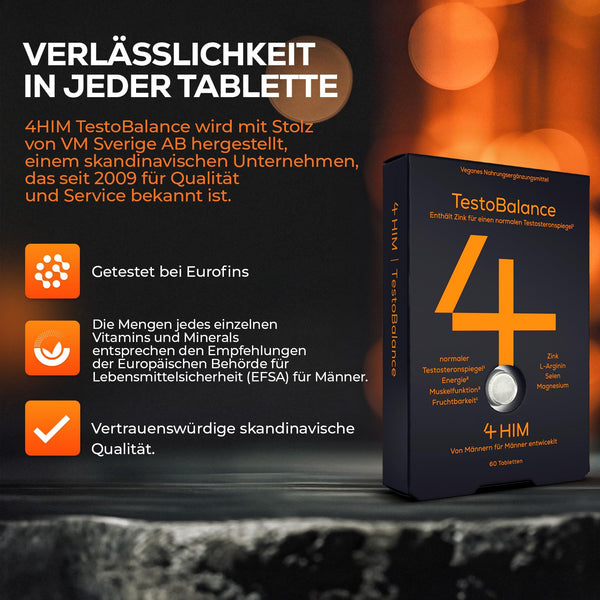 4 HIM TestoBalance für Männer - Normaler Testosteronspiegel, Energie und Muskelfunktion mit Zink, Magnesium, B6 Complex, L-Arginin, Ginseng und Selen - 60 Vegane Tabletten - Bodyshop-fit