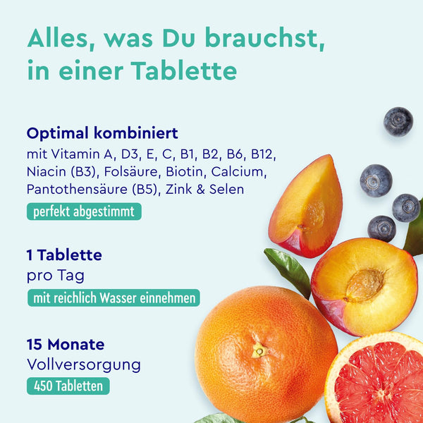 Multivitamin hochdosiert 450 Tabletten - Wichtige Mineralien & A-Z Vitamine für 15 Monate Vorrat - Unterstützt das Immunsystem* - Laborgeprüft in Deutschland ohne Zusätze - Bodyshop-fit