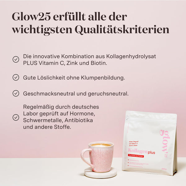 Glow25® Collagen Plus Pulver [450g] - Kollagen Hydrolysat mit Vitamin C, Zink und Biotin - Peptide Typ 1 und 3 - Gute Löslichkeit - Neutral