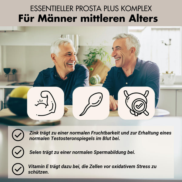 Prosta Plus Komplex - 180 Prostata Kapseln hochdosiert - einzigartige Formel aus Kürbiskern-, Sägepalmen-, Brennnesselwurzelextrakt mit Zink, Vitamin E & Selen - geprüfte Prostata Komplex Kapseln
