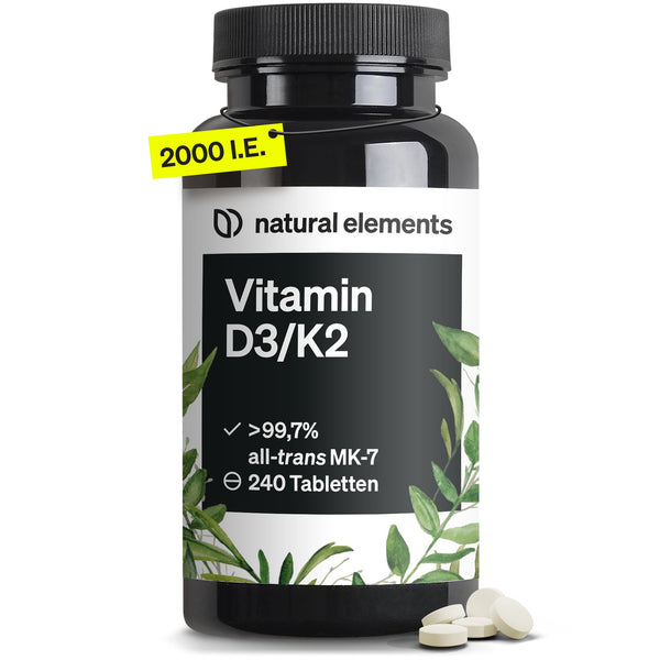 natural elements Vitamin D3 + K2 – > 99,7% all-trans MK-7 & 2000 IE Vitamin D3 – 240 Tabletten – hochdosiert, optimal bioverfügbar – ohne unnötige Zusätze – in Deutschland produziert