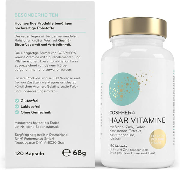 Cosphera Haar-Vitamine - Hochdosiert mit Biotin, Selen und Zink als Beitrag zum Erhalt normaler Haare. Plus Folsäure & Hirse Samen Extrakt (reich an Silizium) - 120 vegane Kapseln im 2 Monatsvorrat.